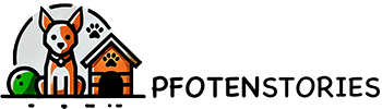 Logo Pfotenstories - Comic-Hund neben einer Hundehütte mit kleine Busch neben sich